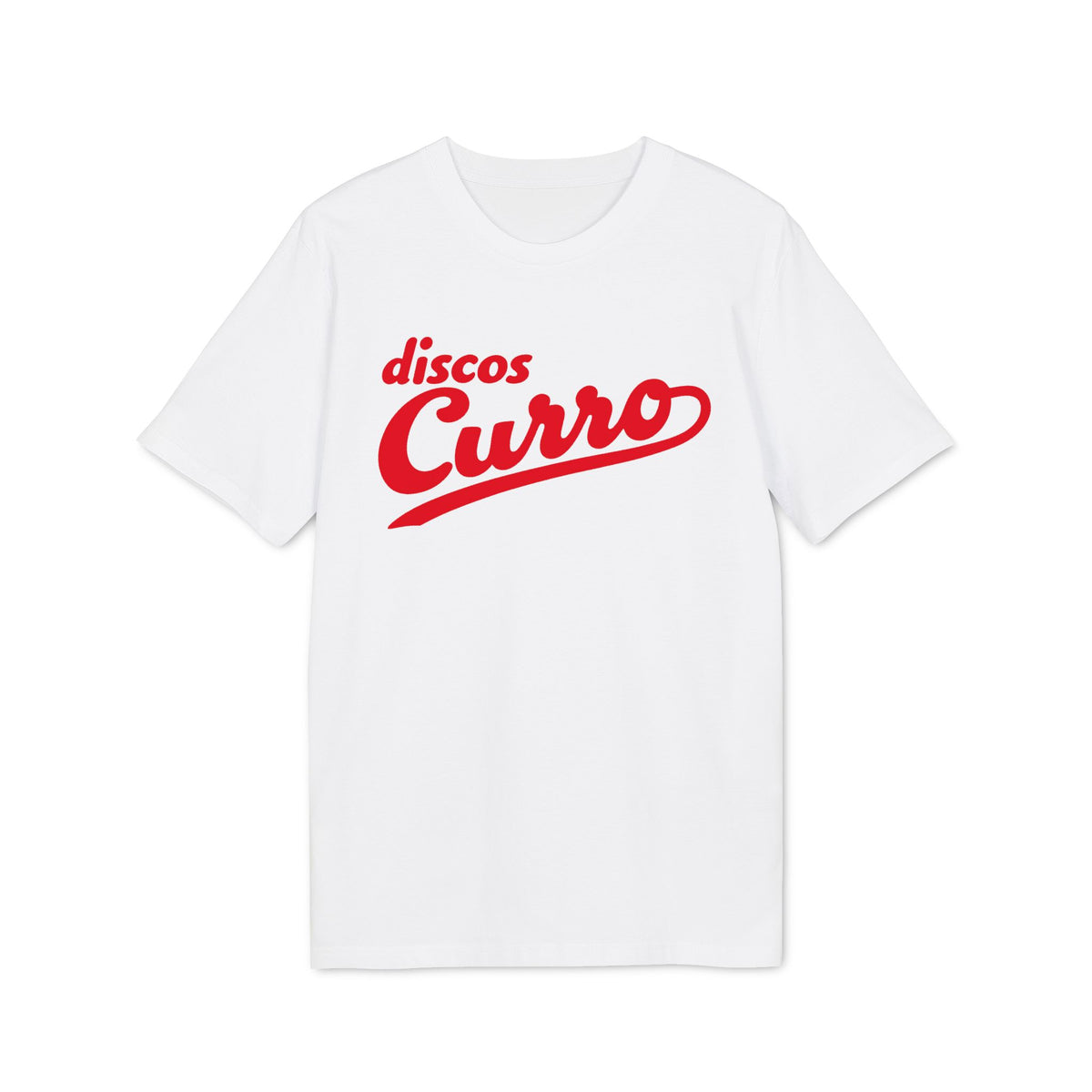 White t-shirt with red "discos Curro" script logo.