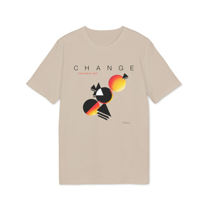Tan t-shirt with "CHANGE" text and abstract graphic design.