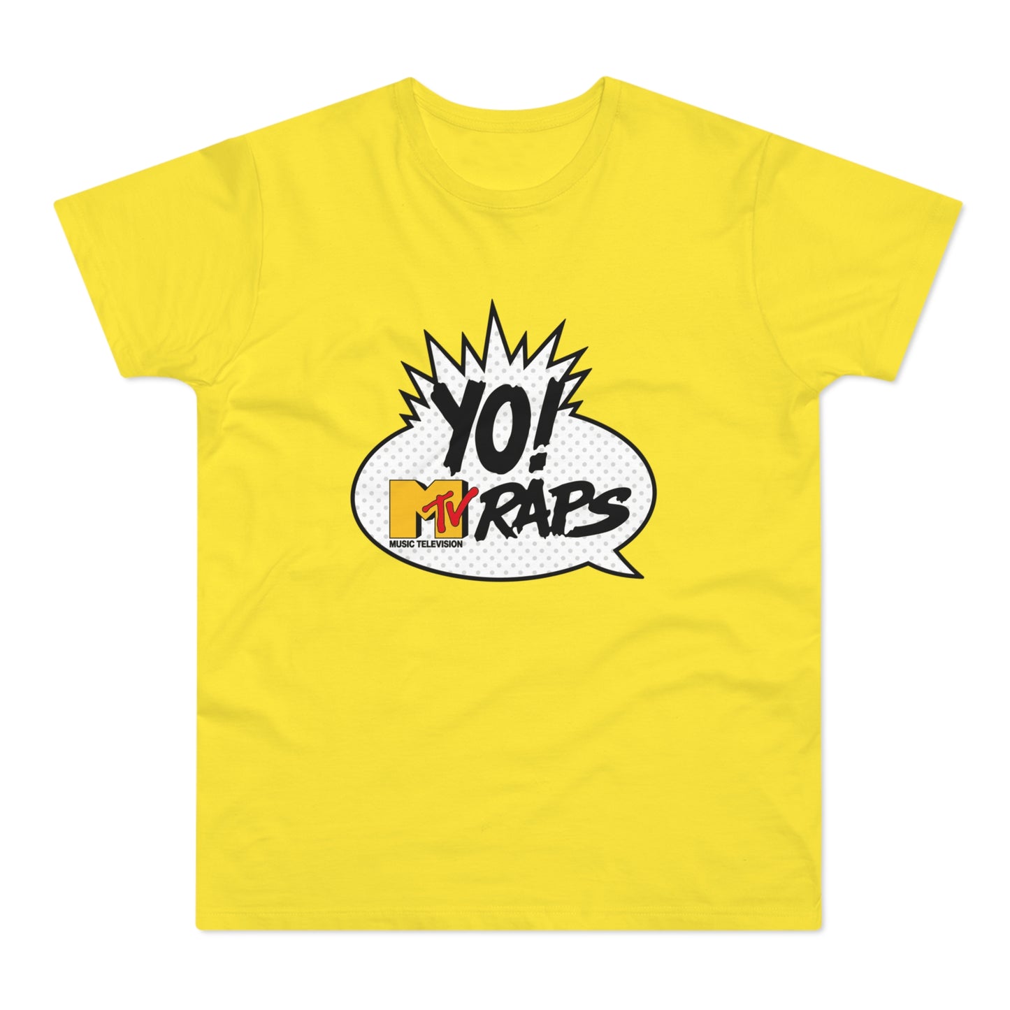 Yellow t-shirt with "YO! MTV RAPS MUSIC TELEVISION" graphic in a speech bubble.