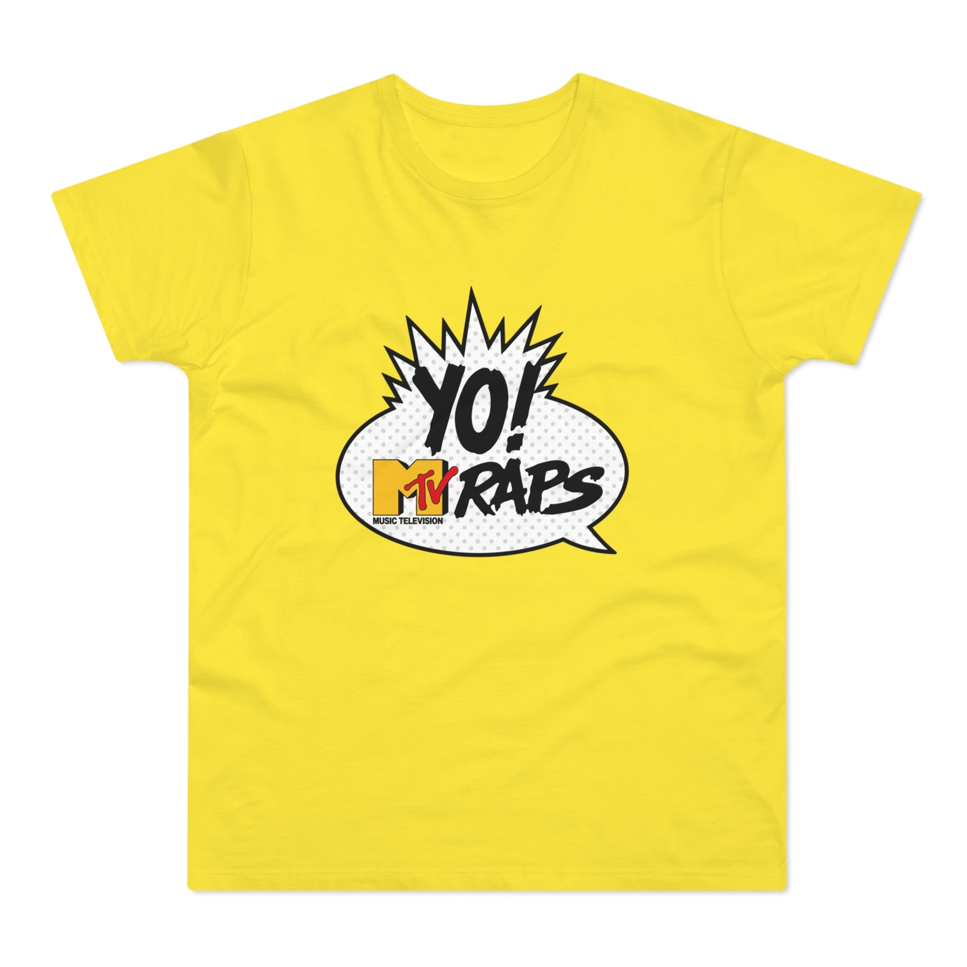 Yellow t-shirt with "YO! MTV RAPS MUSIC TELEVISION" graphic in a speech bubble.