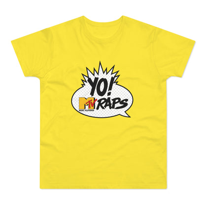 Yellow t-shirt with "YO! MTV RAPS MUSIC TELEVISION" graphic in a speech bubble.