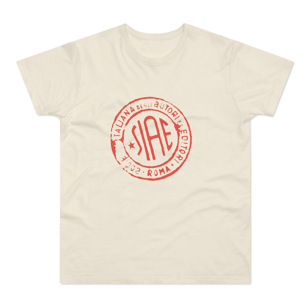 Cream t-shirt with red SIAE logo and text in a circular stamp.