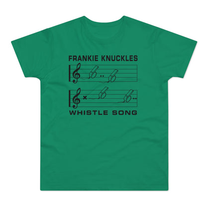 Frankie Knuckles whistle song musical notes on a green t-shirt.