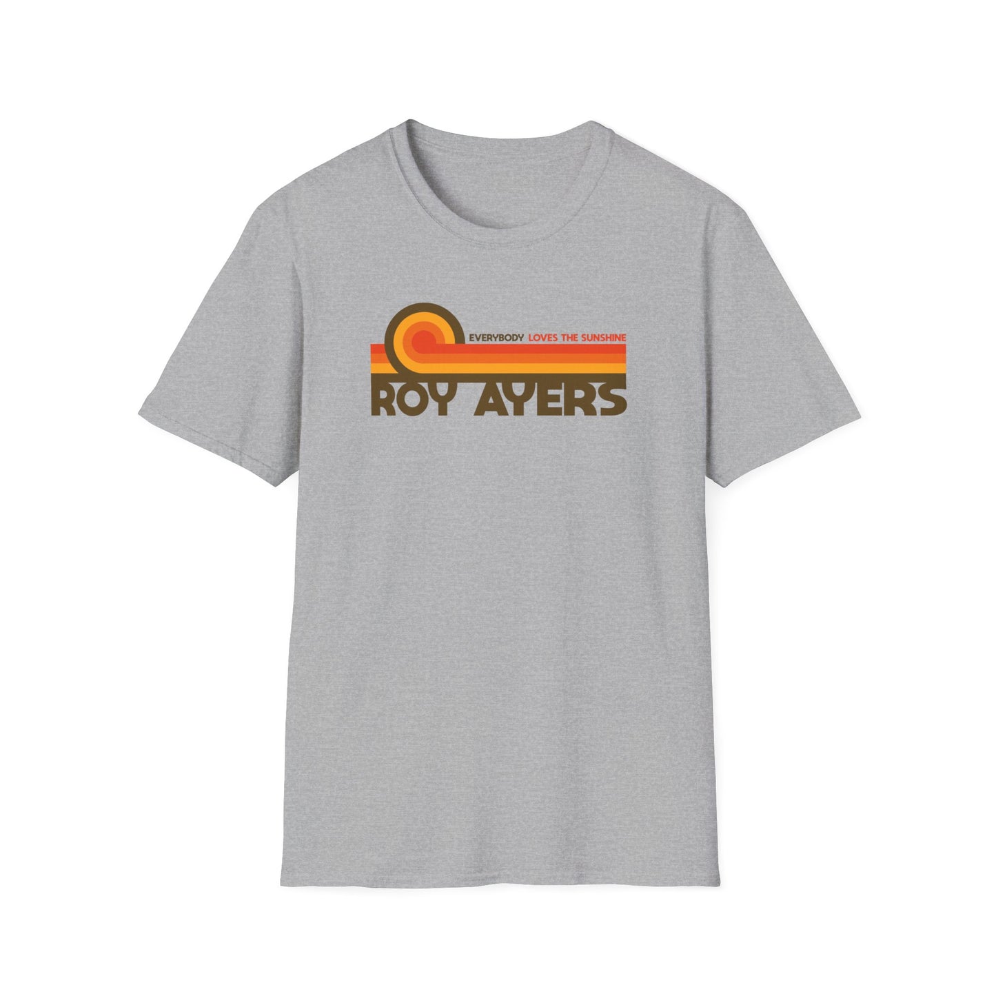 Grey t-shirt with Roy Ayers and "Everybody Loves The Sunshine" text graphic.