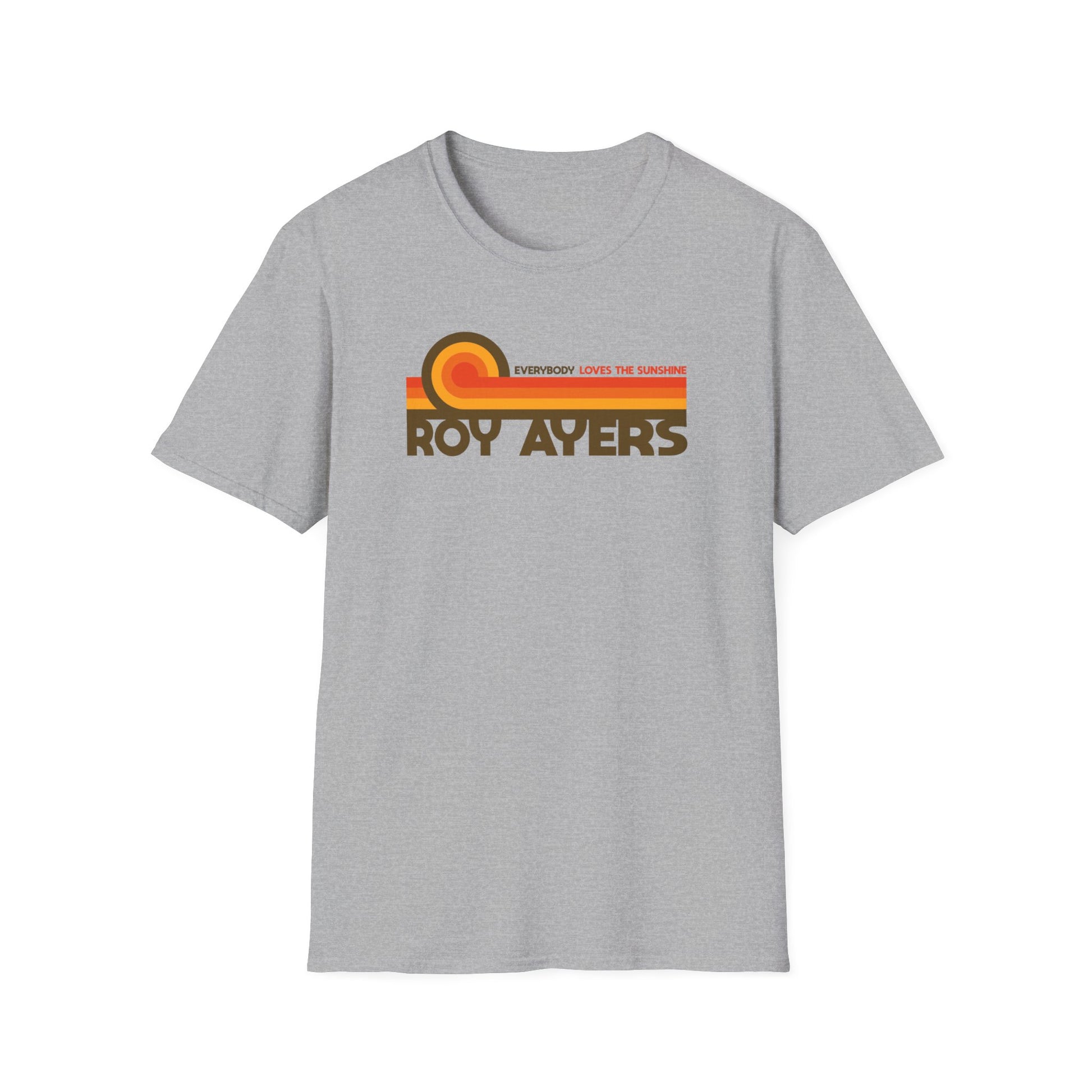 Grey t-shirt with Roy Ayers and "Everybody Loves The Sunshine" text graphic.