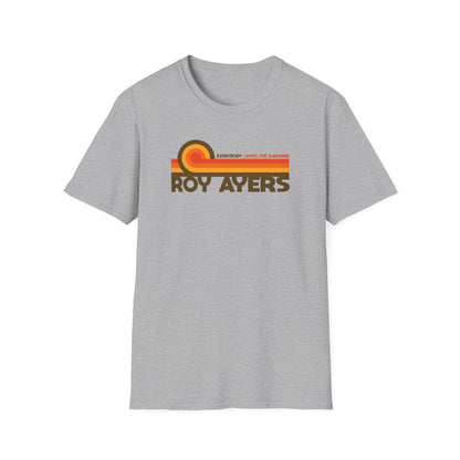 Grey t-shirt with Roy Ayers and "Everybody Loves The Sunshine" text graphic.