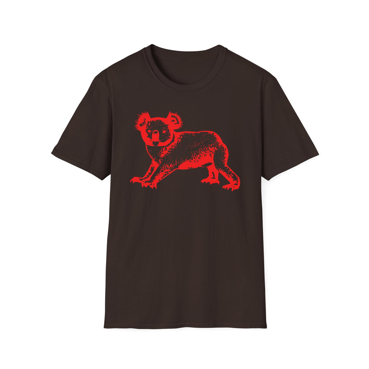 Dark brown t-shirt with a textured red koala graphic on the front.