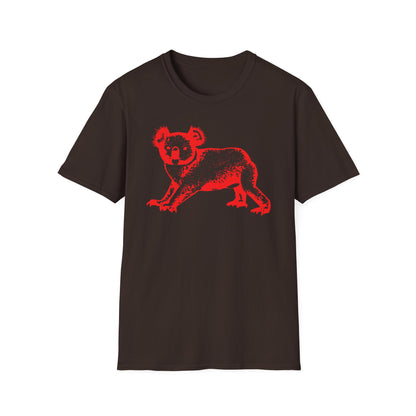 Dark brown t-shirt with a textured red koala graphic on the front.
