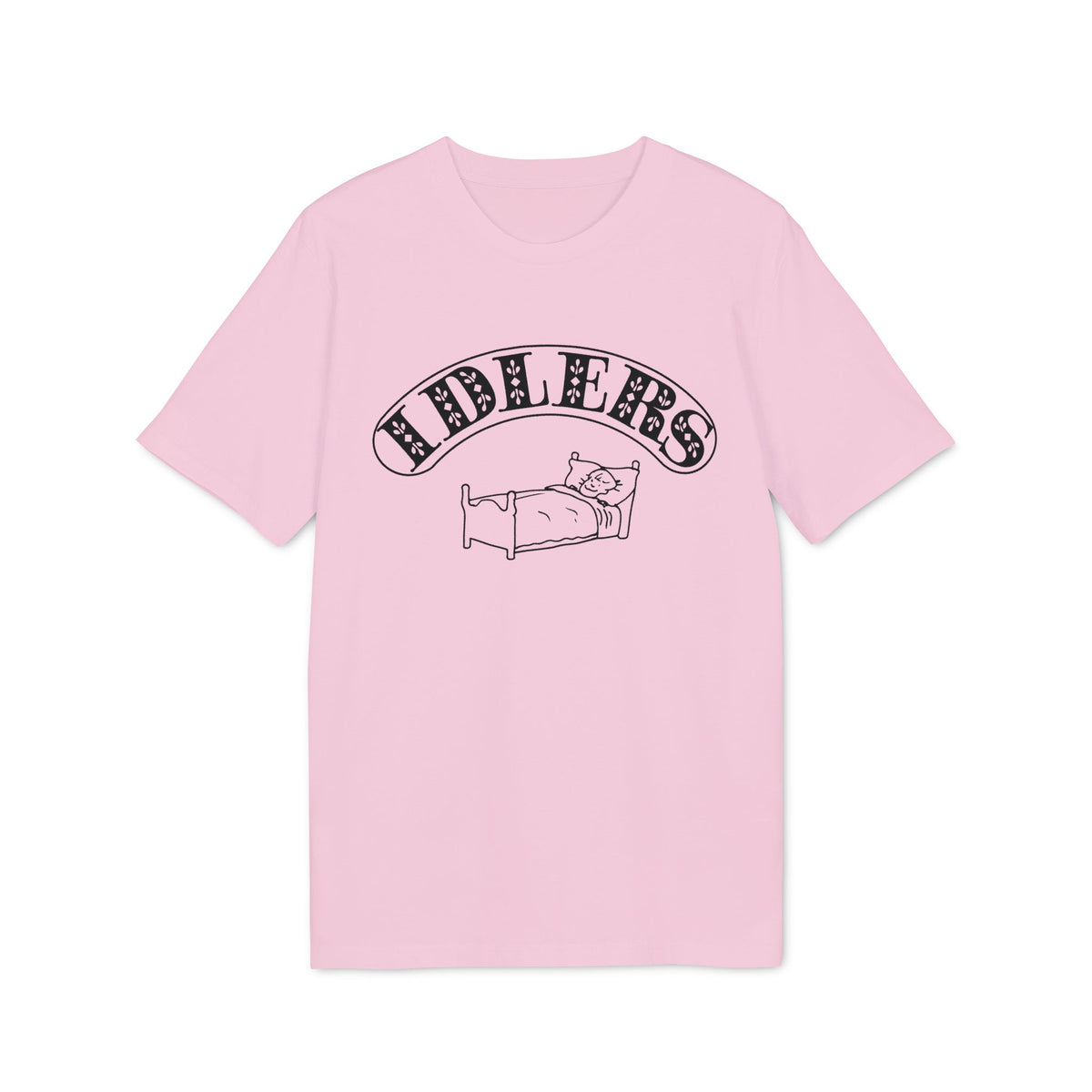Pink t-shirt with "IDLERS" text and a person sleeping in a bed graphic.