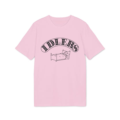 Pink t-shirt with "IDLERS" text and a person sleeping in a bed graphic.