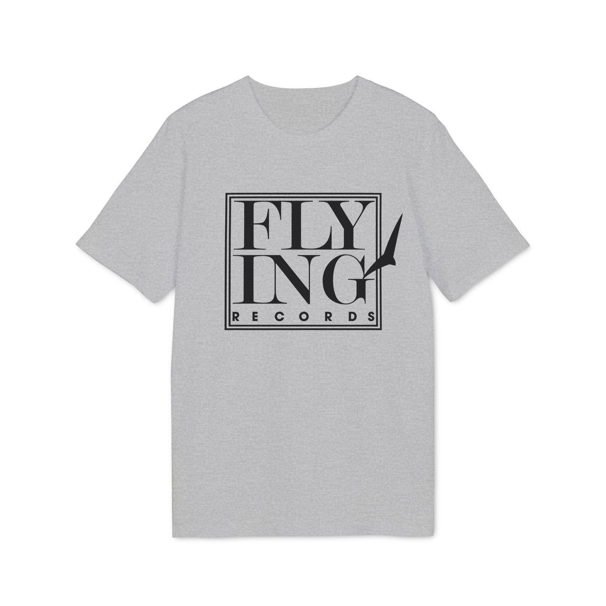 Grey t-shirt with black "FLY ING RECORDS" logo and bird silhouette.