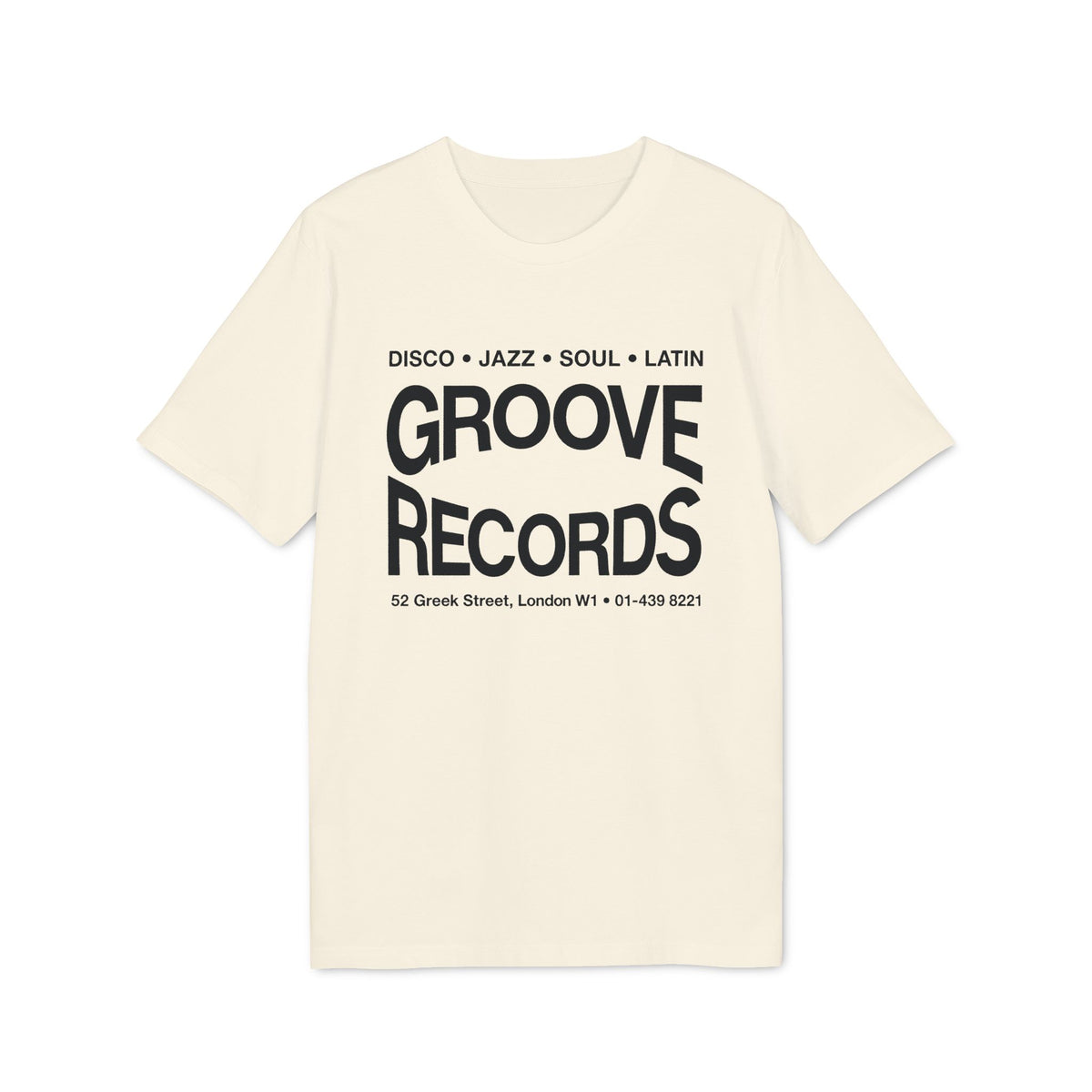 Cream t-shirt with black text: "Groove Records", "Disco, Jazz, Soul, Latin" and address.