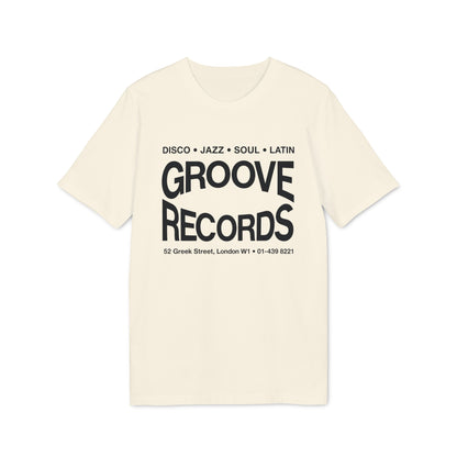 Cream t-shirt with black text: "Groove Records", "Disco, Jazz, Soul, Latin" and address.