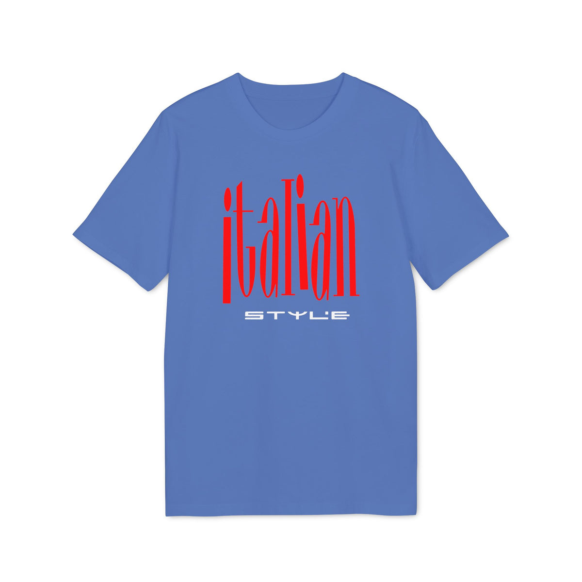 Blue t-shirt with red "Italian Style" text across the chest.
