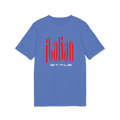 Blue t-shirt with red "Italian Style" text across the chest.