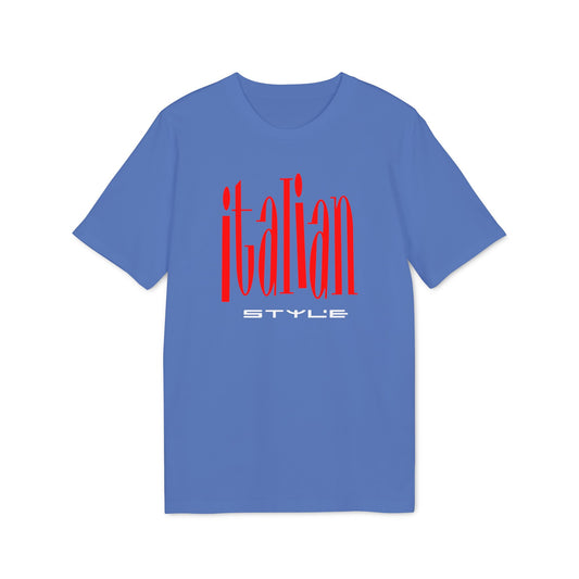 Blue t-shirt with red "Italian Style" text across the chest.