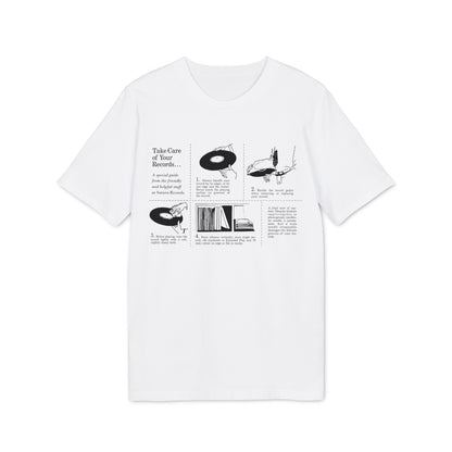 T-shirt with black graphic displaying "Take Care of Your Records..." guide.