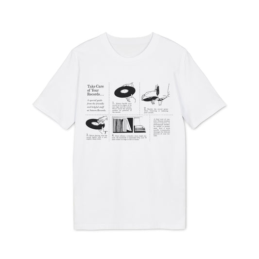 T-shirt with black graphic displaying "Take Care of Your Records..." guide.