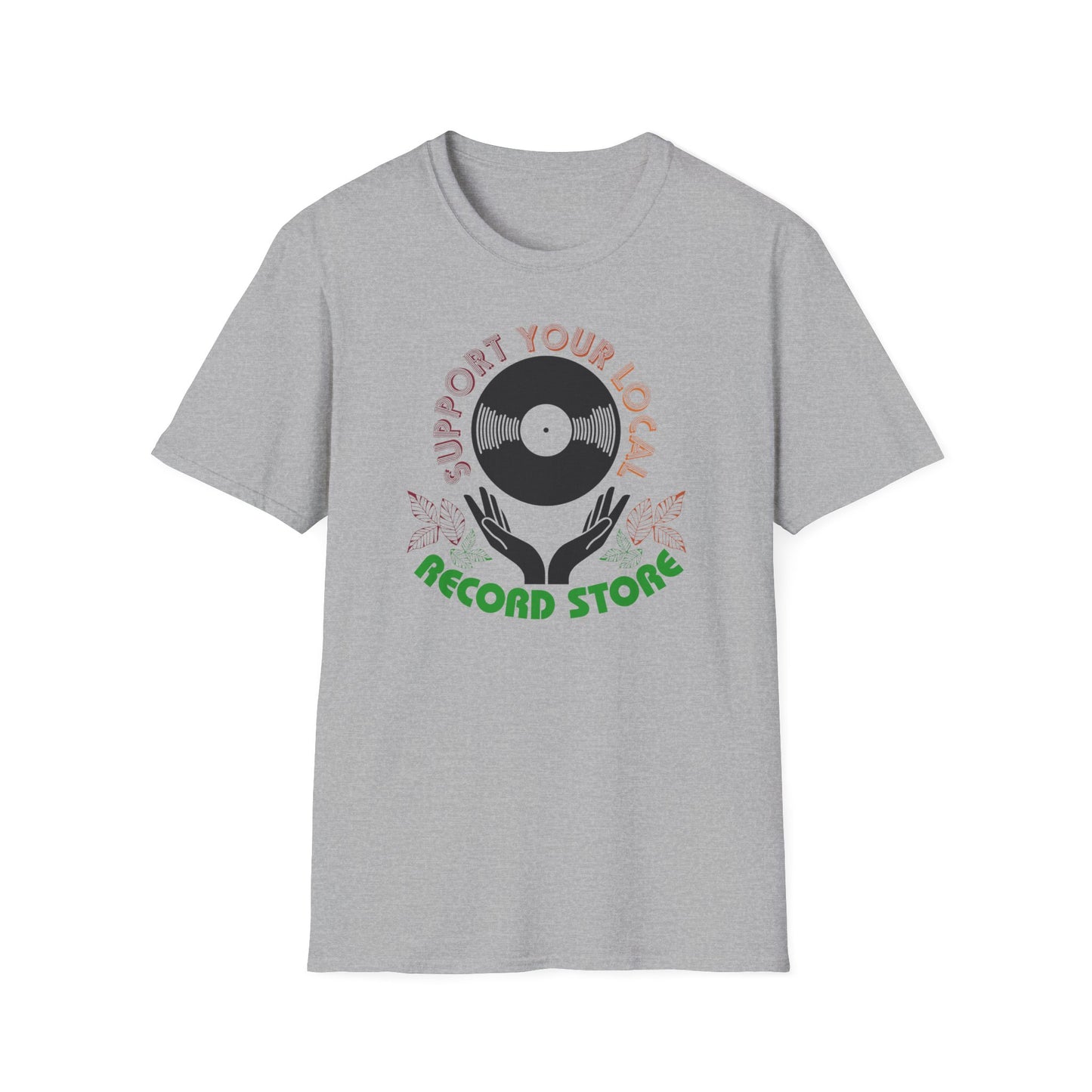 Gray t-shirt with "Support Your Local Record Store" text and vinyl record graphic.