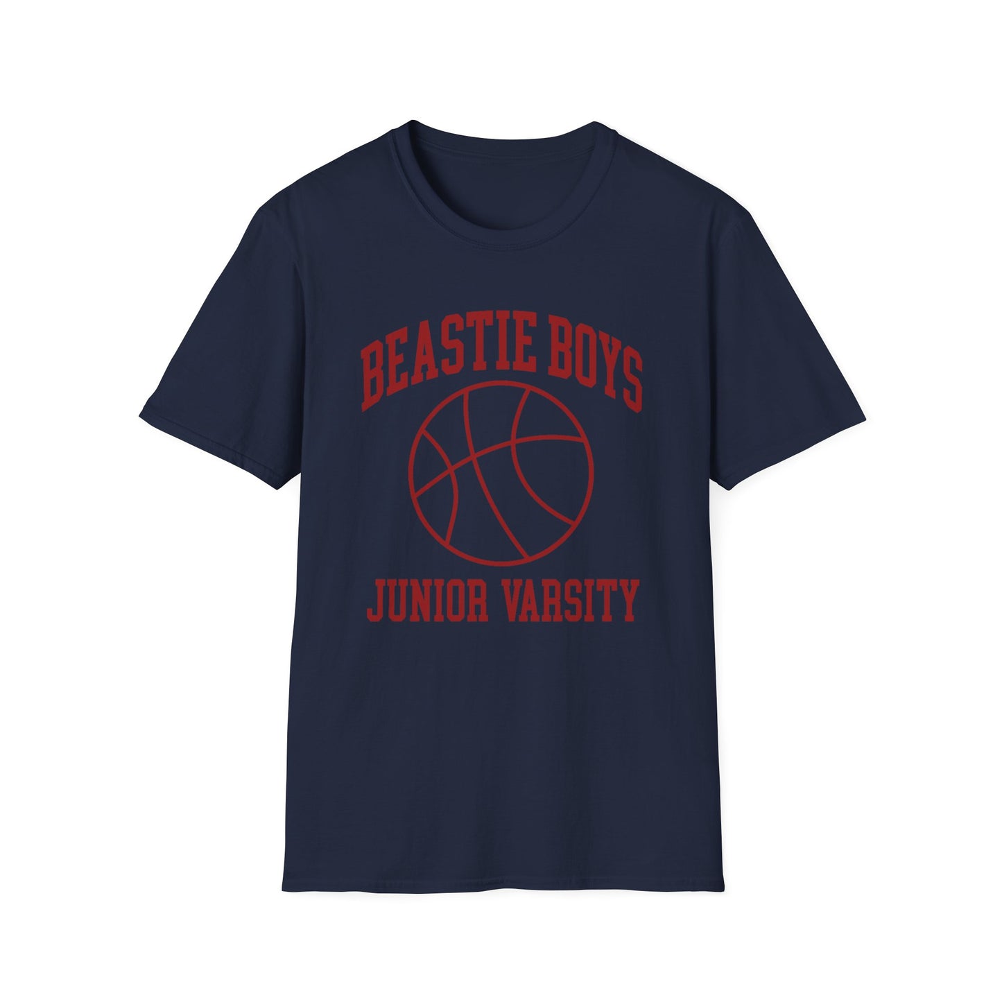 Navy t-shirt with red Beastie Boys Junior Varsity basketball graphic.