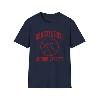 Navy t-shirt with red Beastie Boys Junior Varsity basketball graphic.