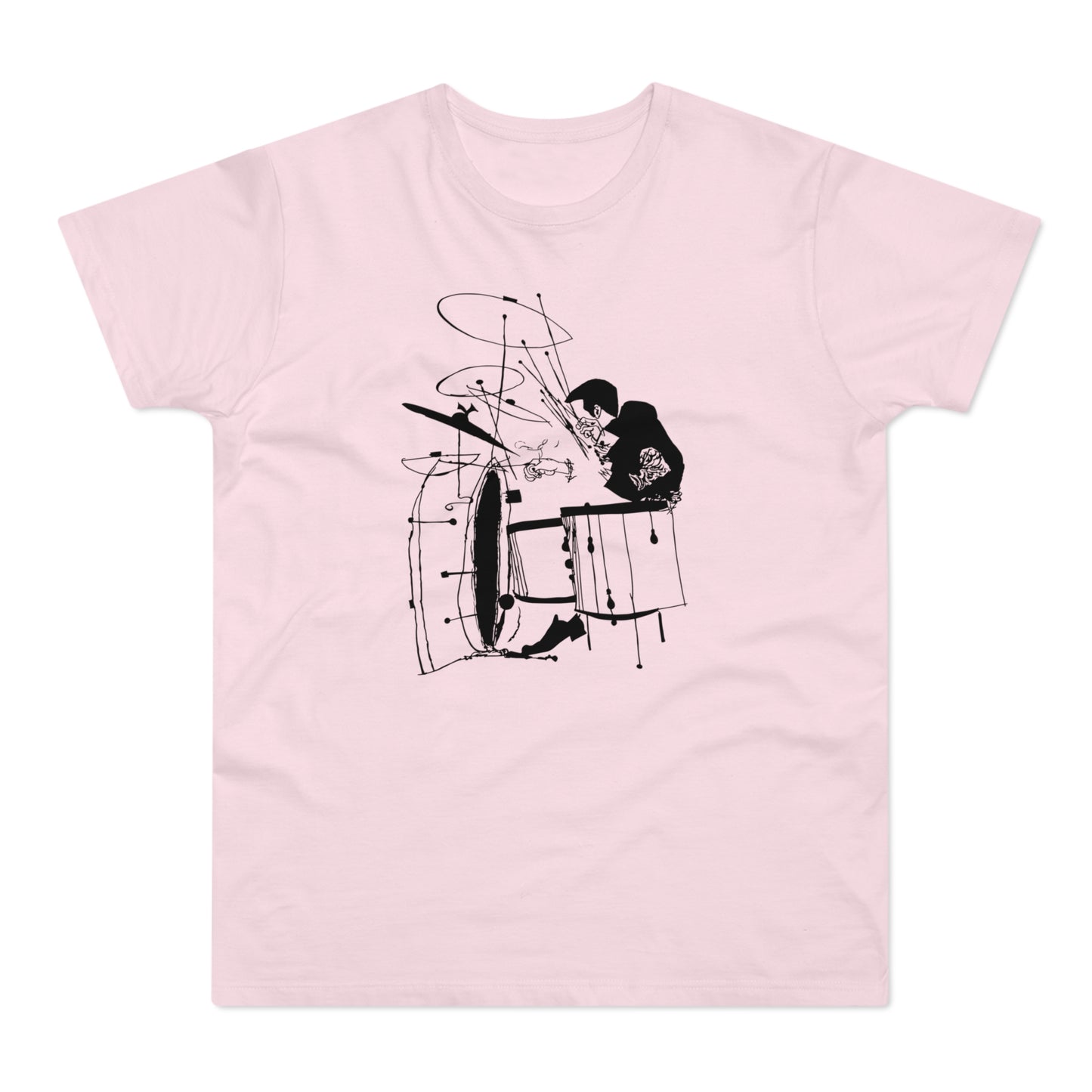 Black ink sketch of a drummer playing a drum set against a pink t-shirt.