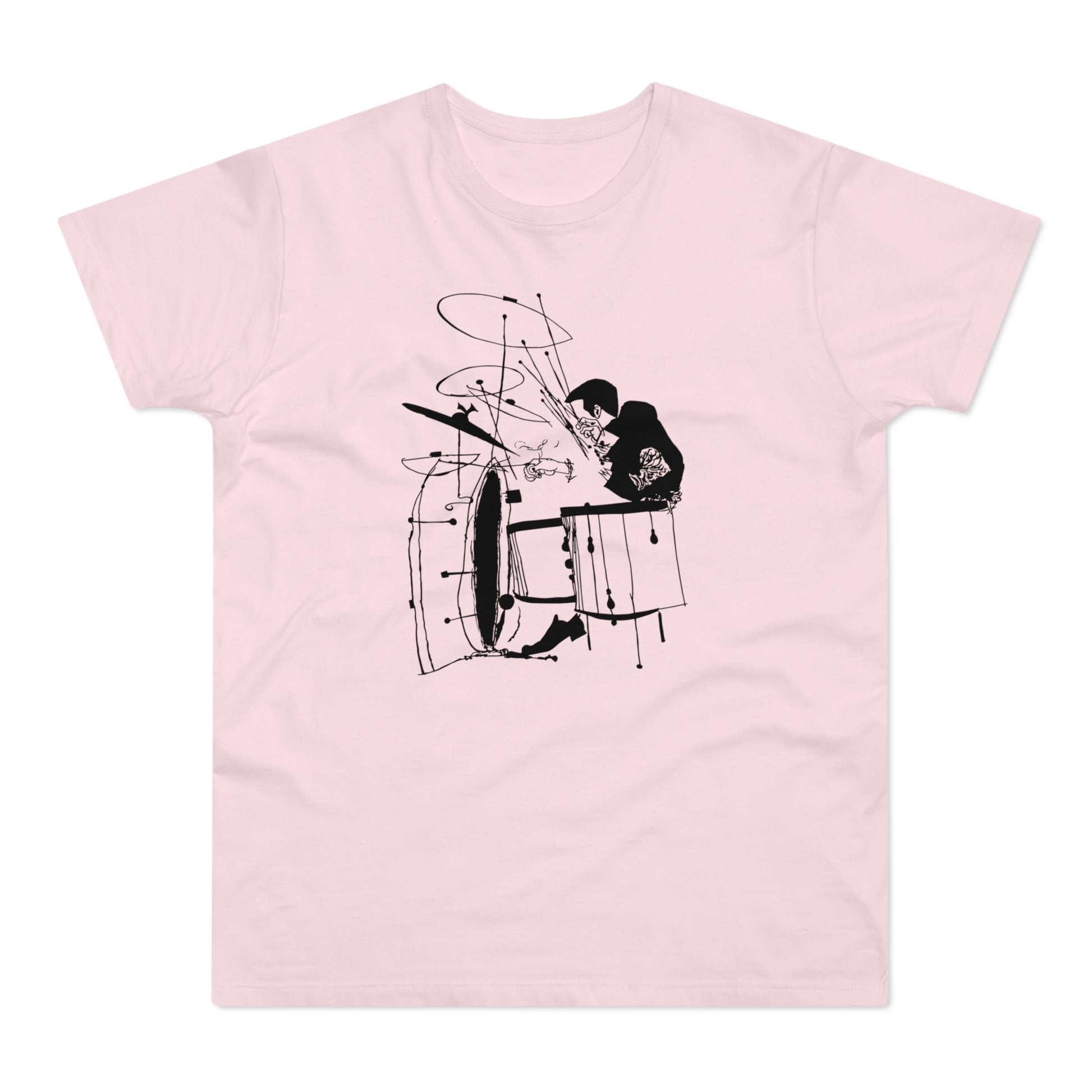 Black ink sketch of a drummer playing a drum set against a pink t-shirt.