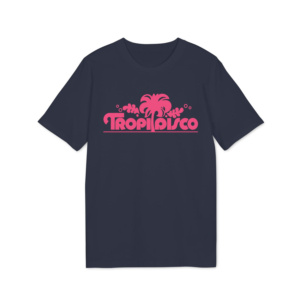 Navy t-shirt with pink "Tropi Disco" text and palm tree graphic.