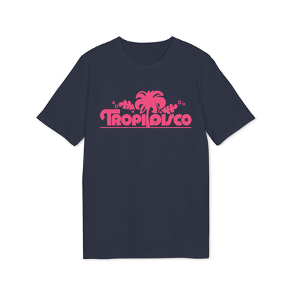 Navy t-shirt with pink "Tropi Disco" text and palm tree graphic.