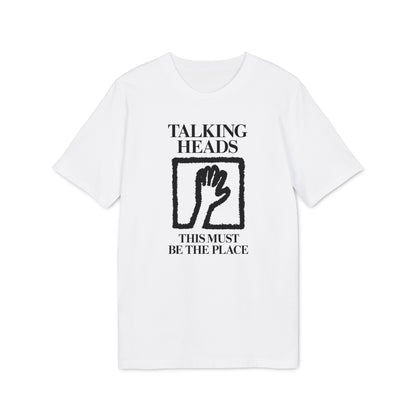 White t-shirt with "Talking Heads" and hand graphic above "This Must Be The Place".