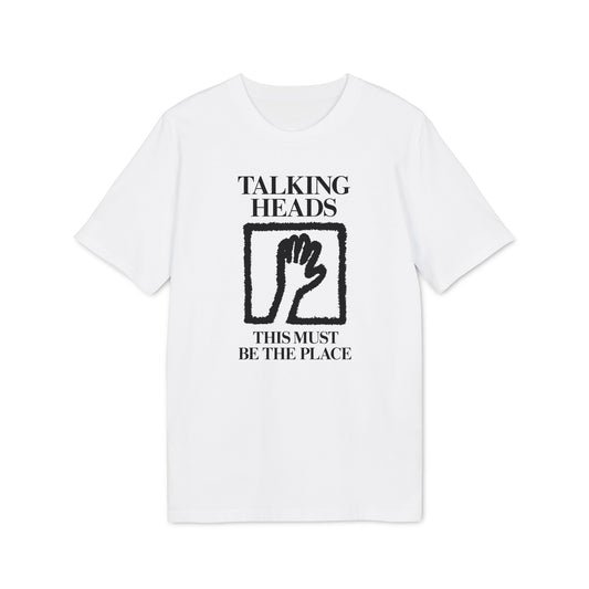 White t-shirt with "Talking Heads" and hand graphic above "This Must Be The Place".