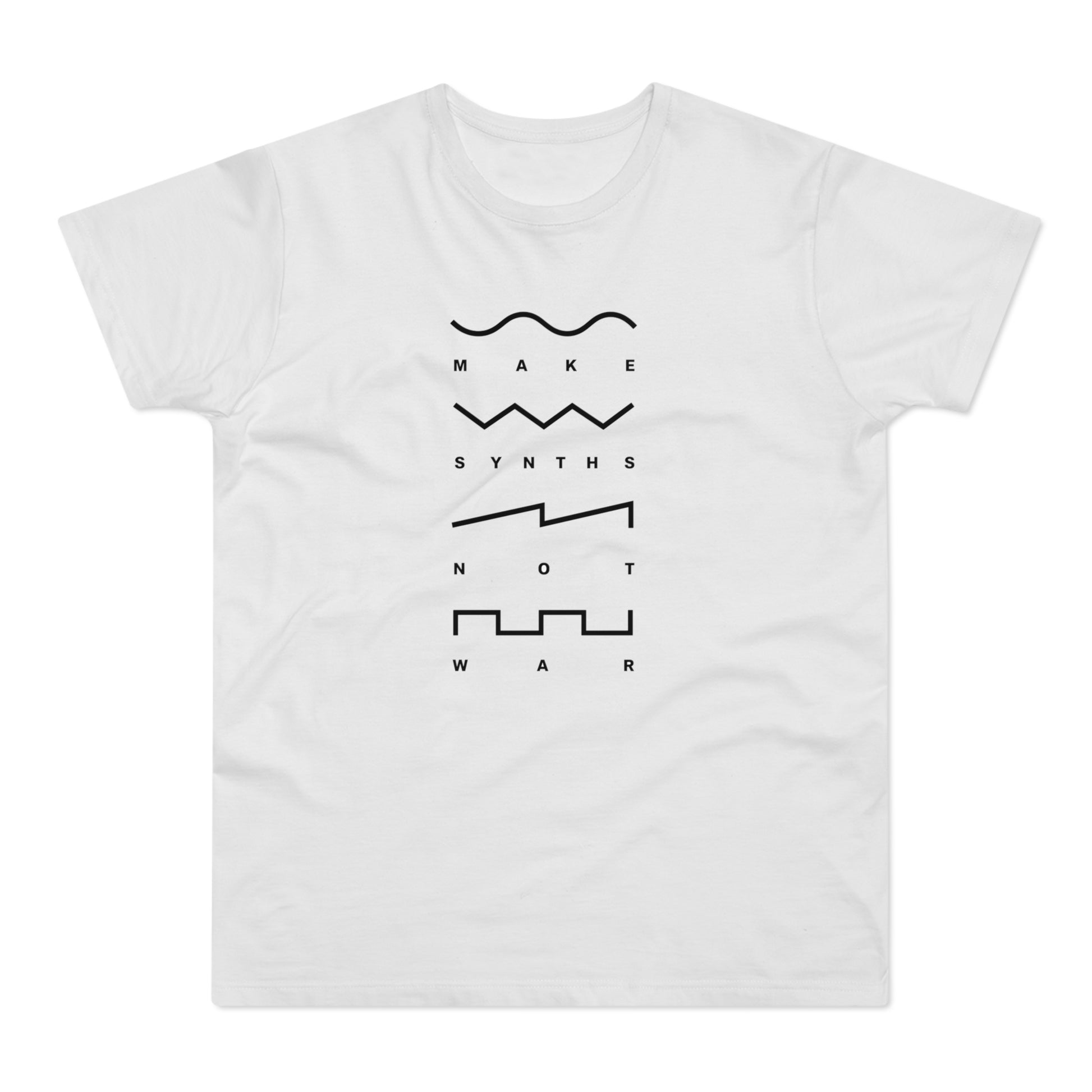 White t-shirt with black text and synth waveforms: Make Synths Not War.