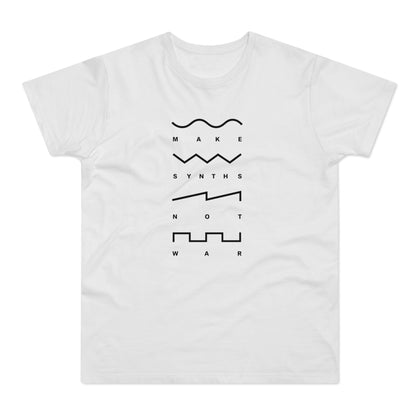 White t-shirt with black text and synth waveforms: Make Synths Not War.