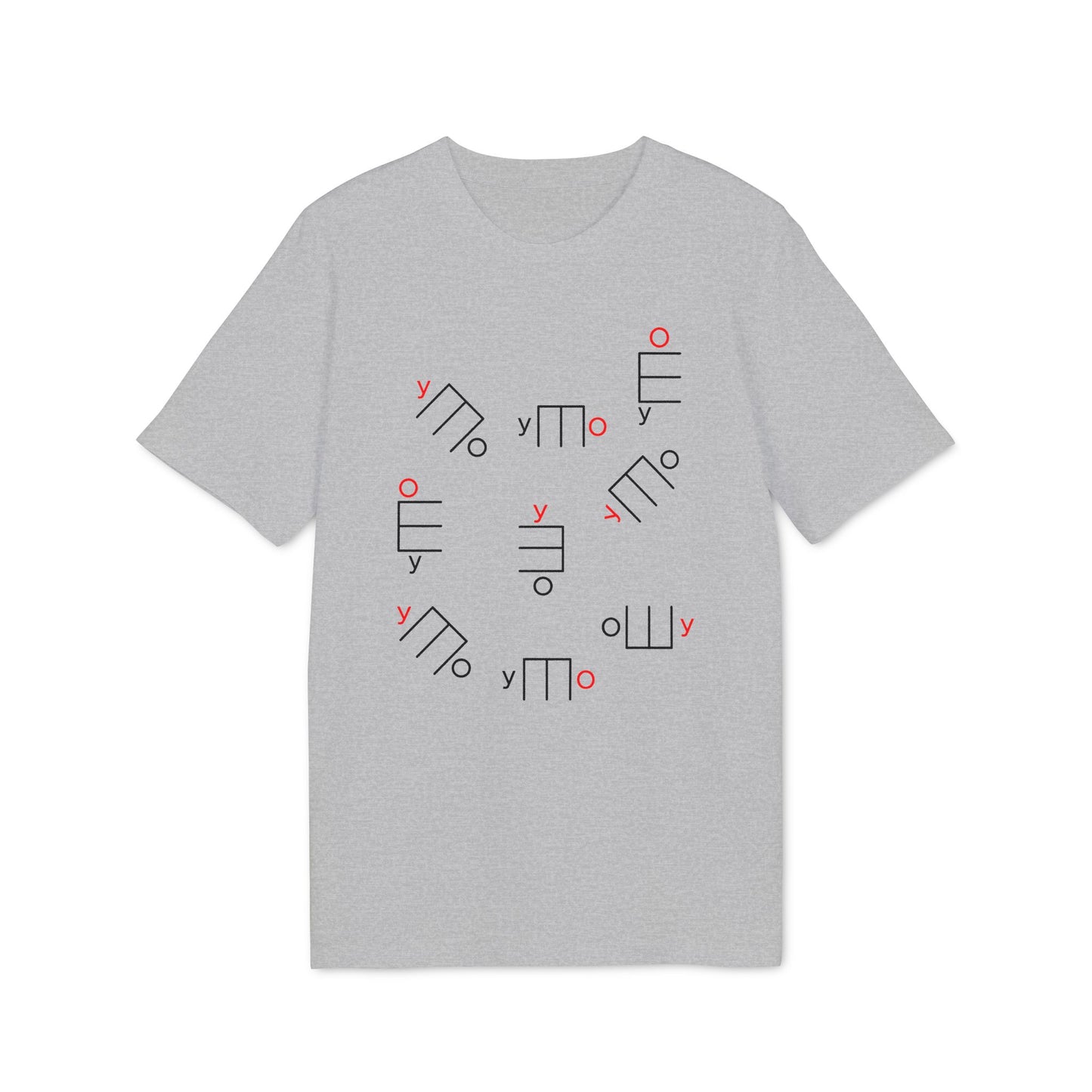 Grey t-shirt with scattered black and red geometric shapes and "y" characters.