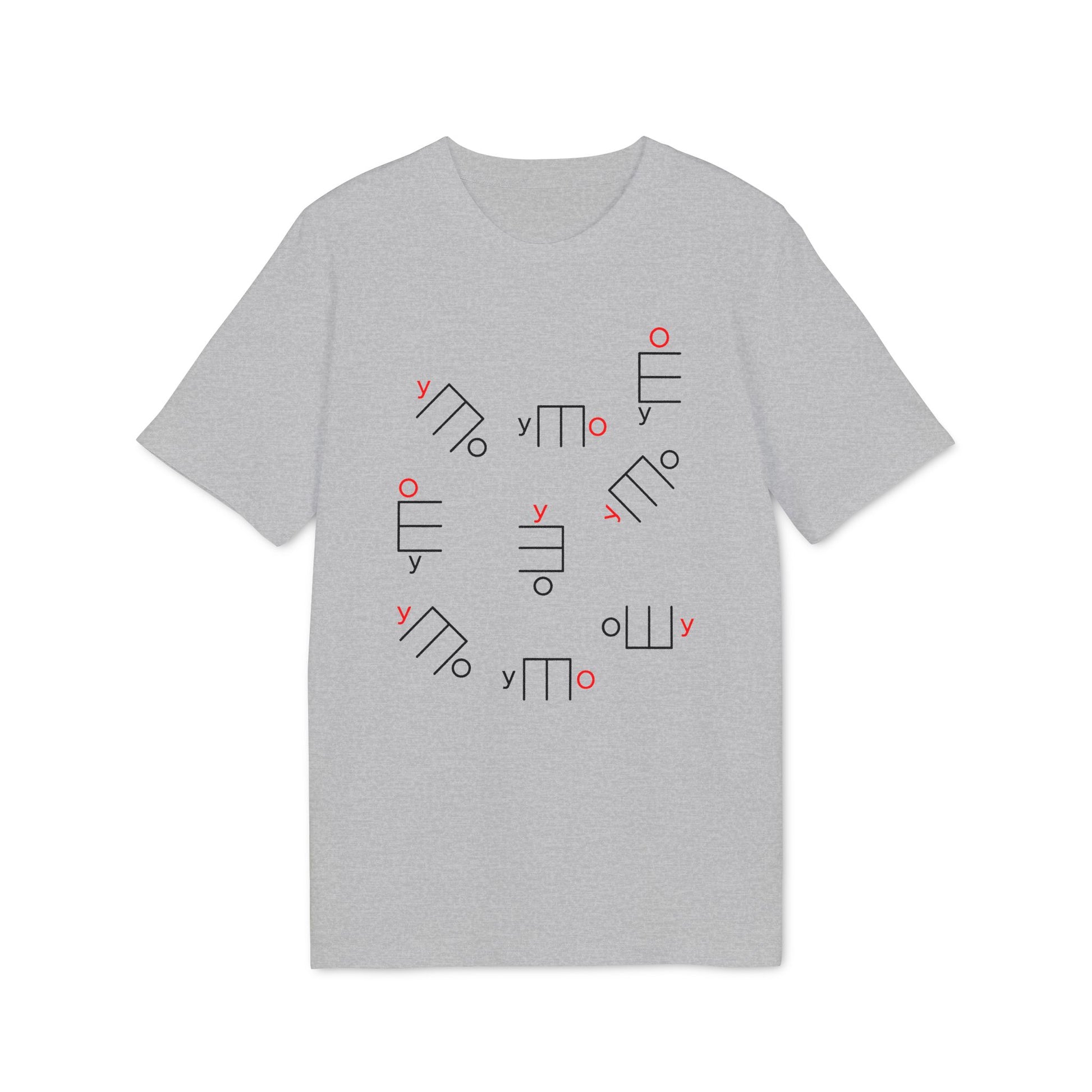 Grey t-shirt with scattered black and red geometric shapes and "y" characters.