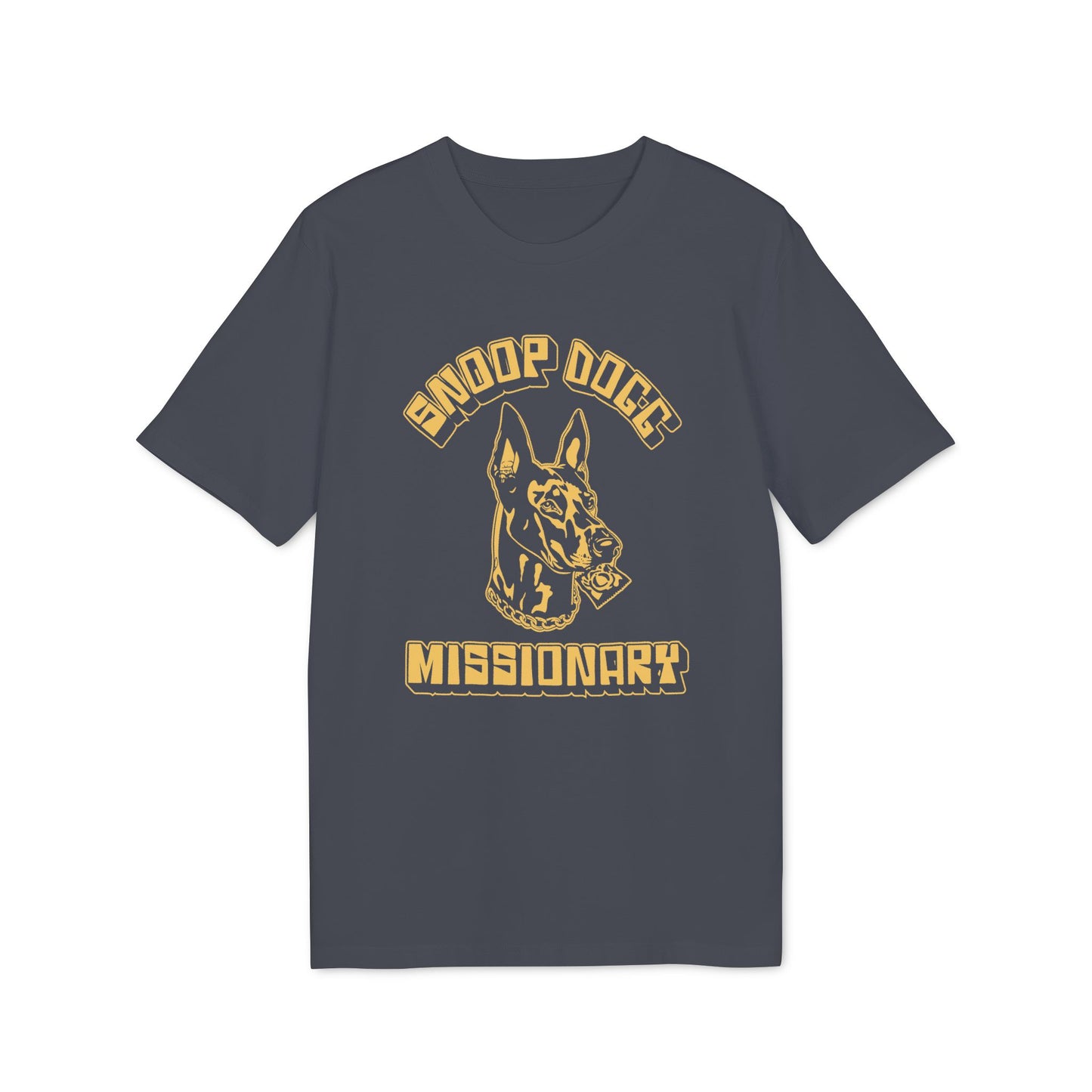 Dark grey t-shirt featuring a Doberman with a condom in its mouth and text.