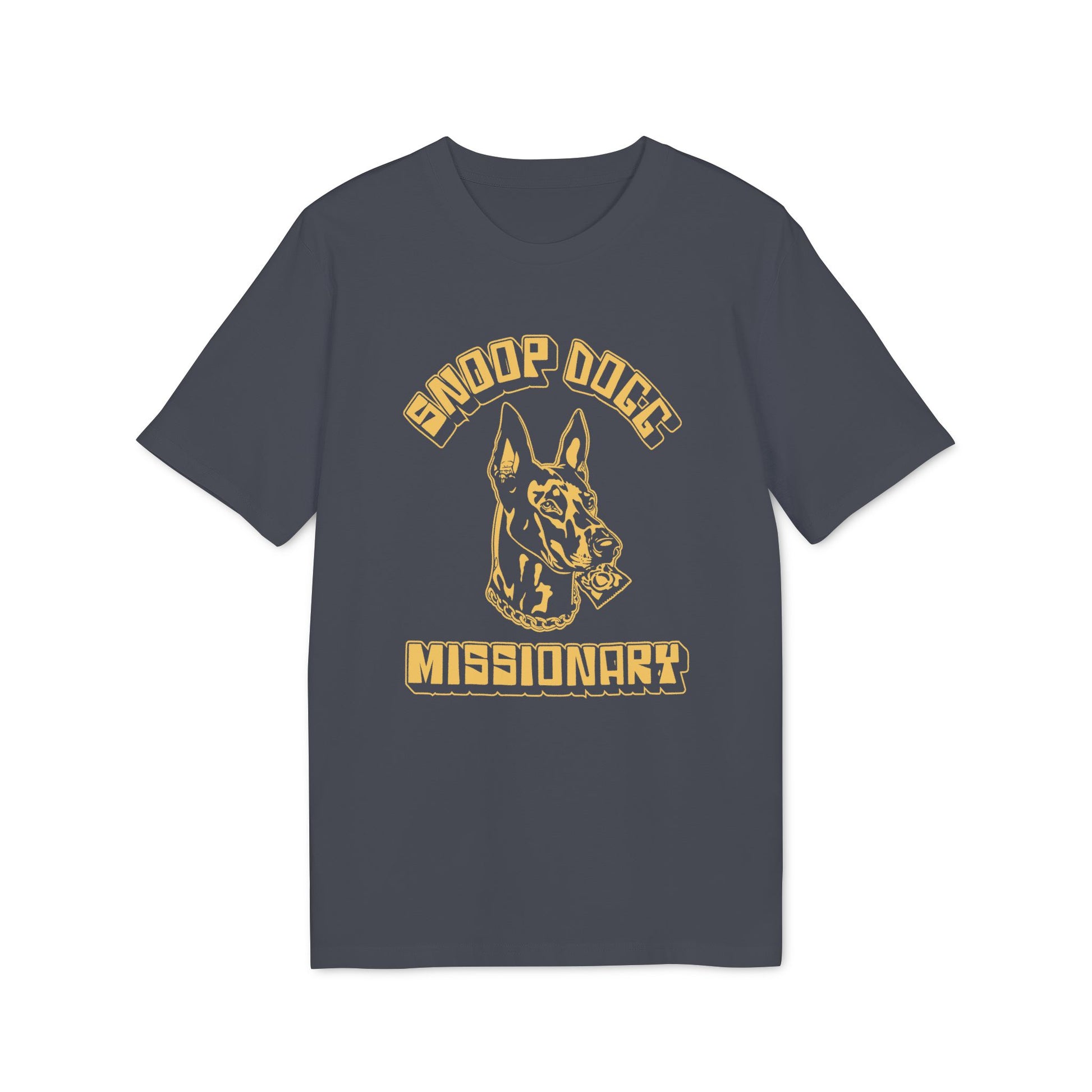 Dark grey t-shirt featuring a Doberman with a condom in its mouth and text.