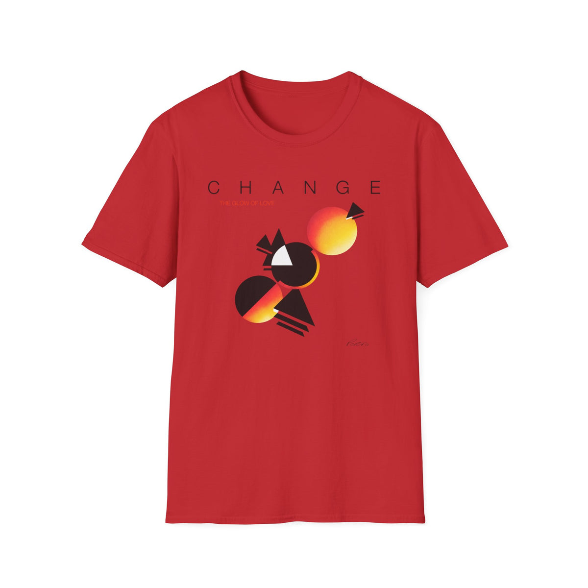Red t-shirt with "CHANGE THE GLOW OF LOVE" text and abstract geometric design.