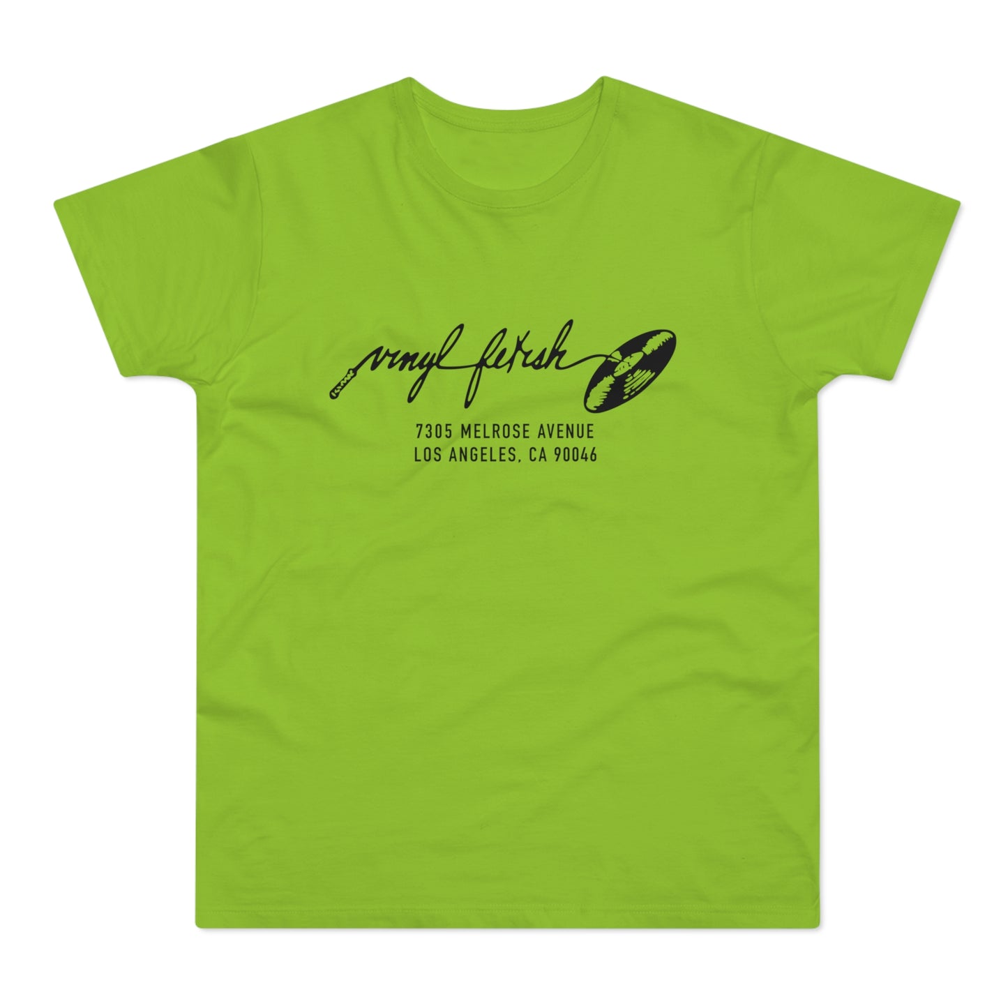 Light green t-shirt with black "vinyl fetish" logo and address.