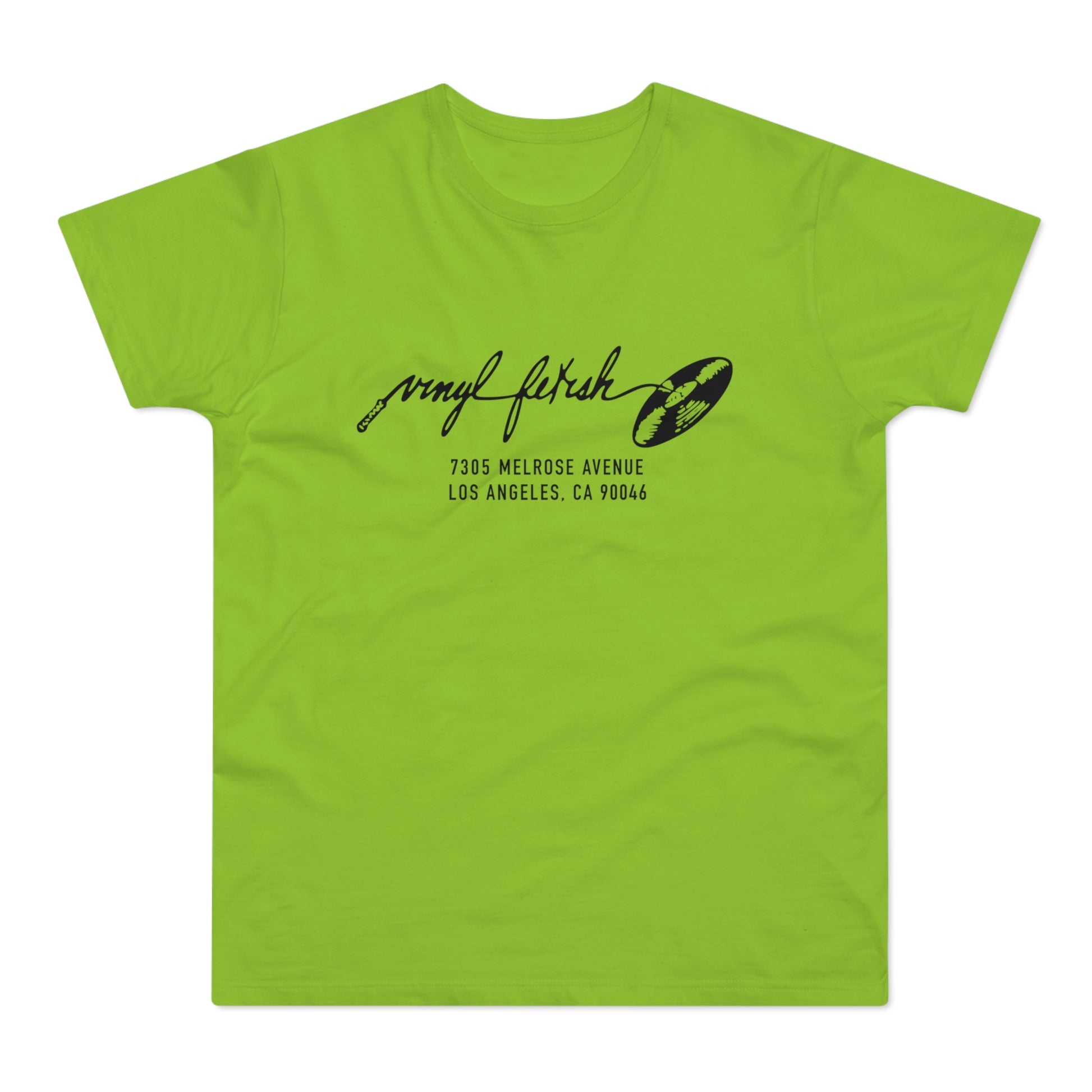 Light green t-shirt with black "vinyl fetish" logo and address.