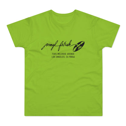 Light green t-shirt with black "vinyl fetish" logo and address.