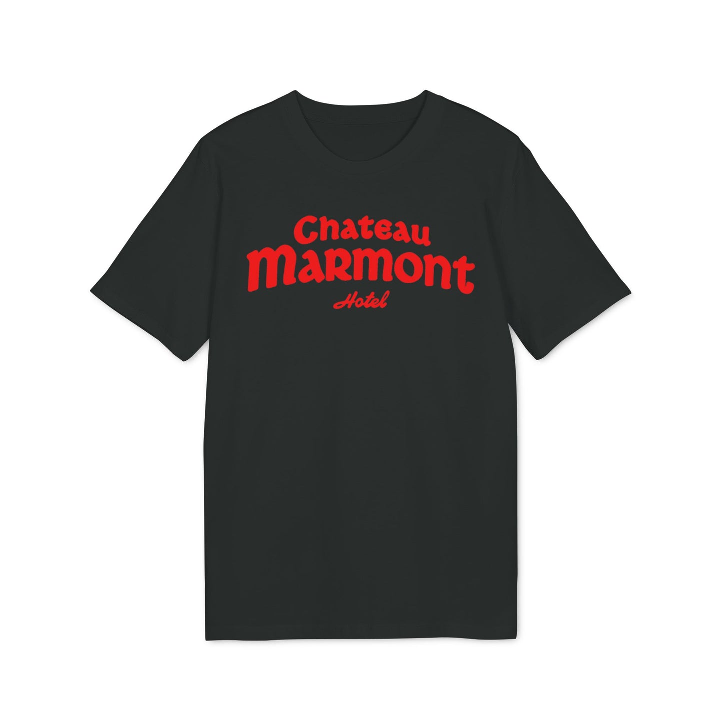 Black t-shirt with "Chateau Marmont Hotel" in red text.