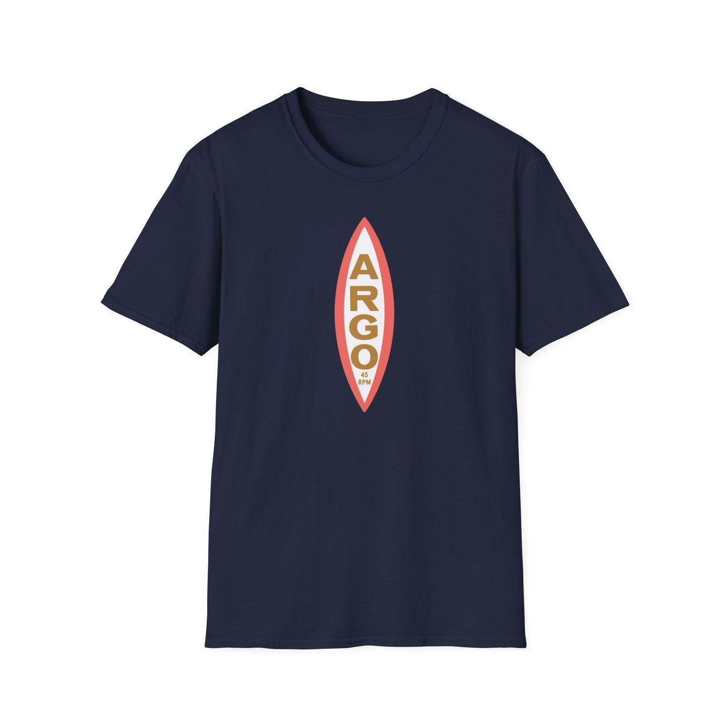 Navy t-shirt with a vertical oval logo containing ARGO text and 45 RPM.