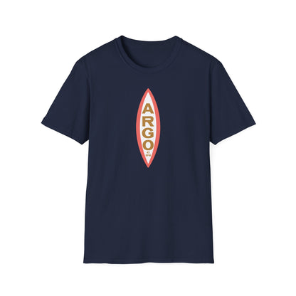 Navy t-shirt with a vertical oval logo containing ARGO text and 45 RPM.