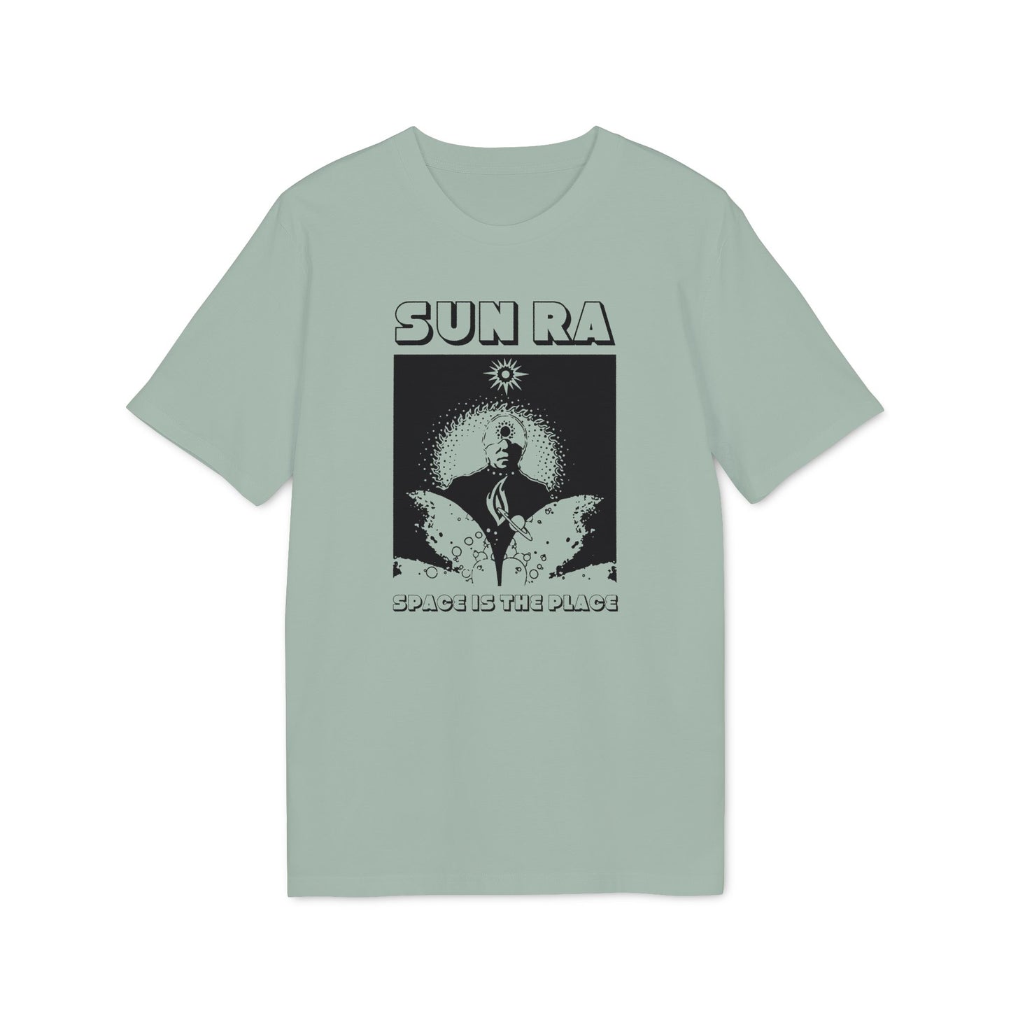 Light blue t-shirt with black graphic of Sun Ra and "SPACE IS THE PLACE" text.