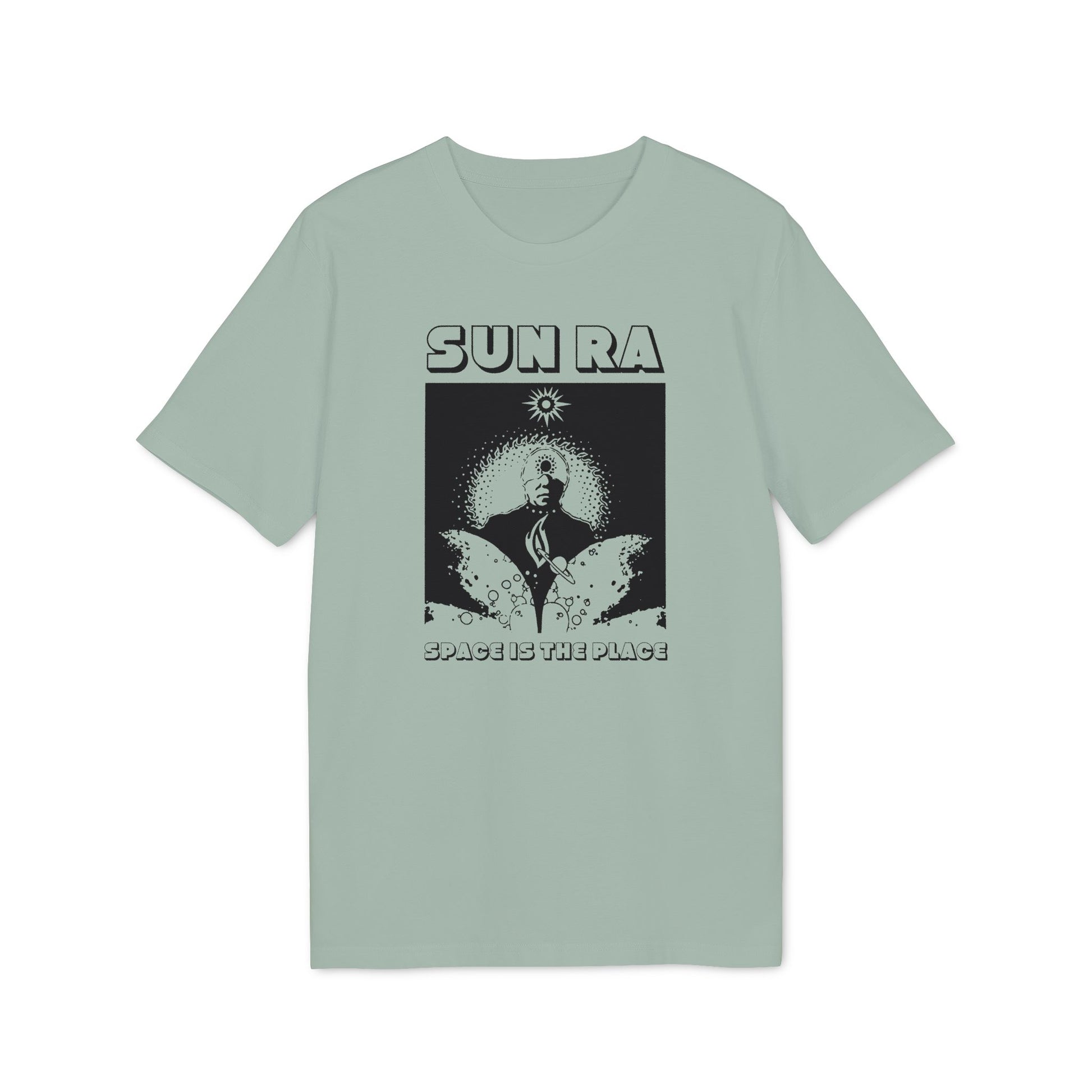 Light blue t-shirt with black graphic of Sun Ra and "SPACE IS THE PLACE" text.