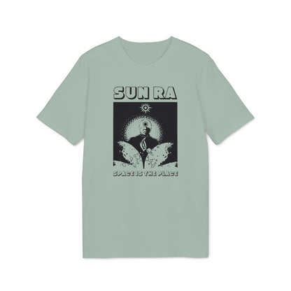 Light blue t-shirt with black graphic of Sun Ra and "SPACE IS THE PLACE" text.