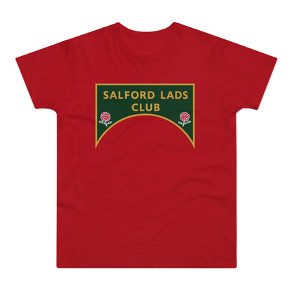 Red t-shirt with "SALFORD LADS CLUB" text and two roses.
