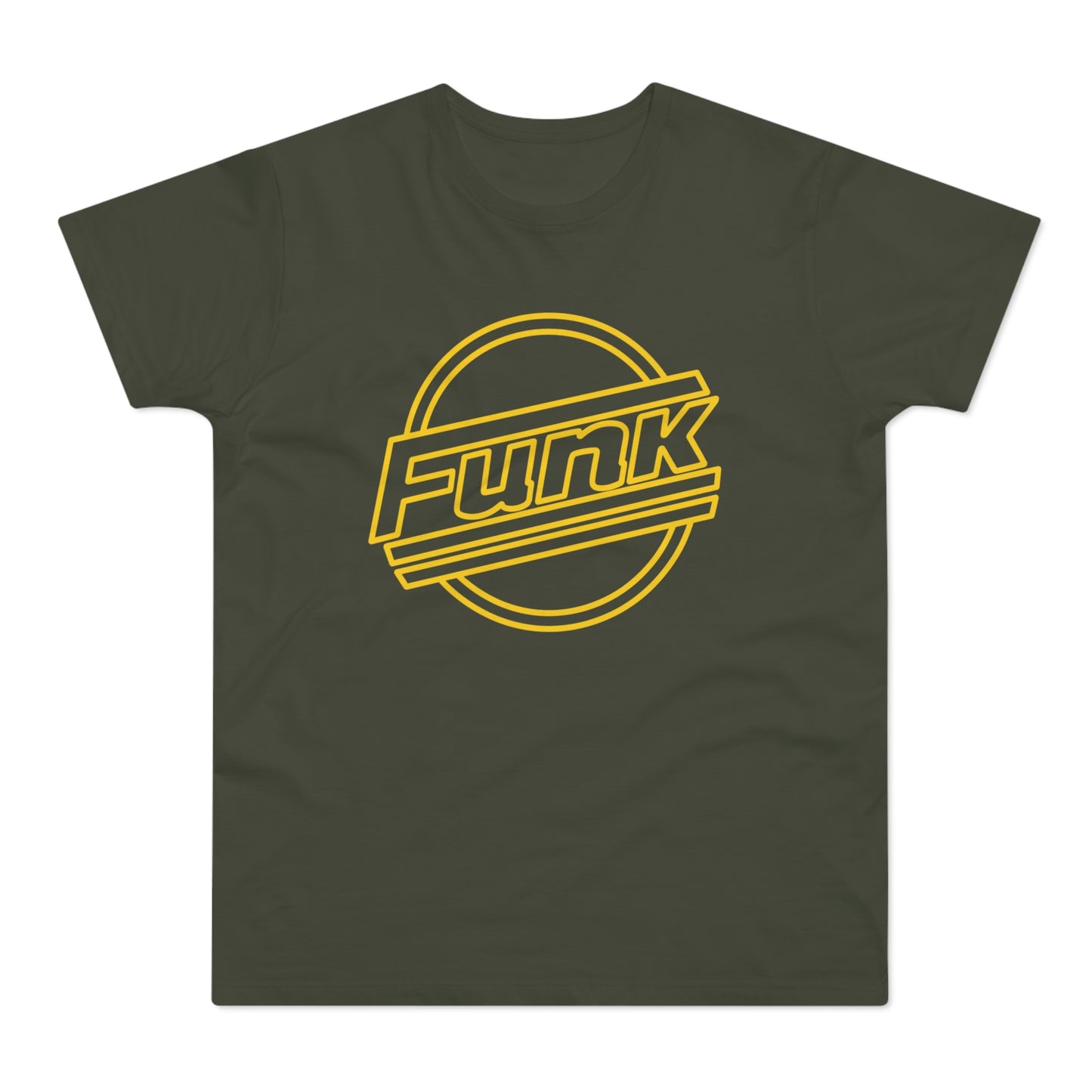 Olive green t-shirt with a yellow "FUNK" logo inside a circle.