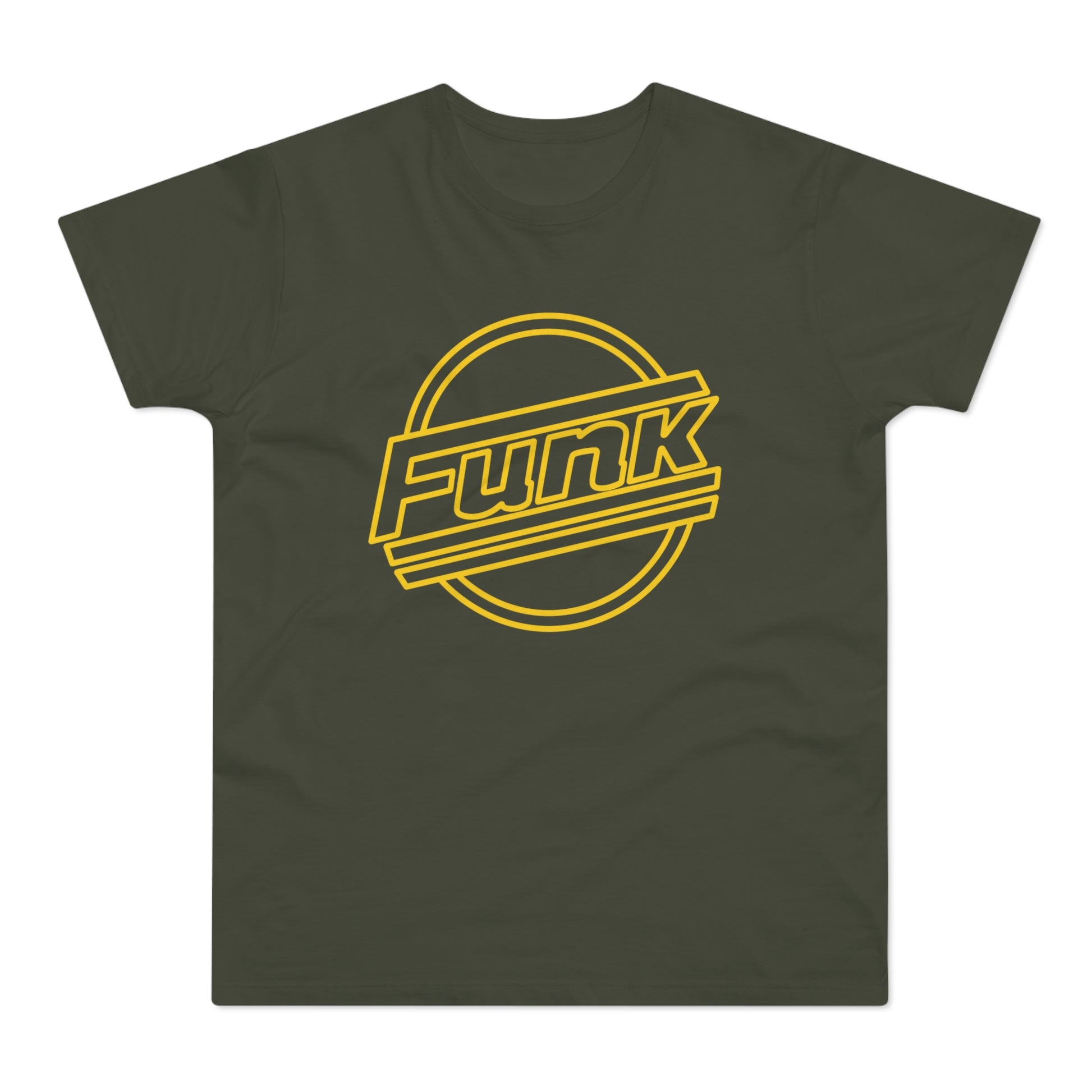 Olive green t-shirt with a yellow "FUNK" logo inside a circle.